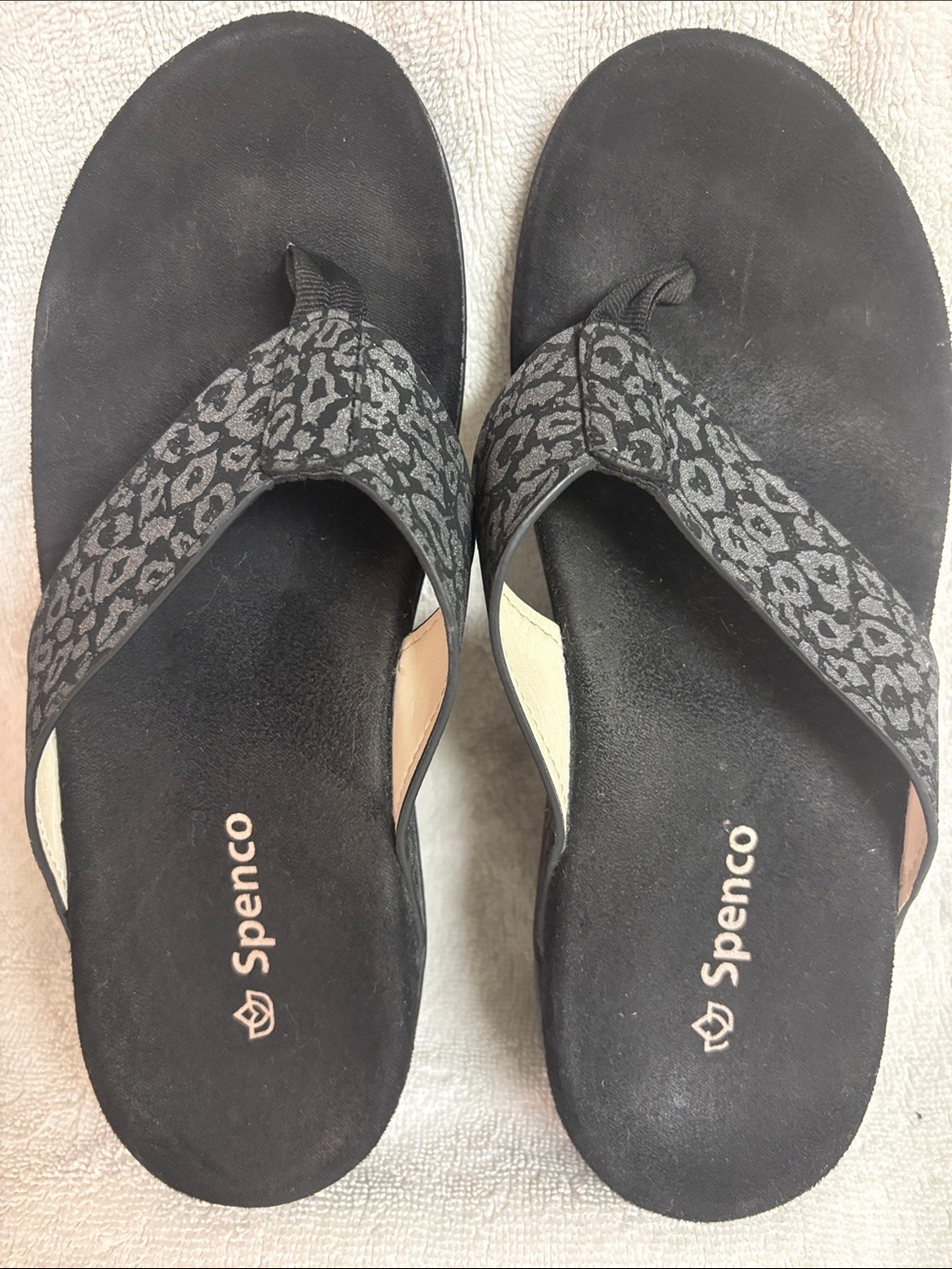 Spenco Women's Black Leopard-Print Thong Sandals with Cushioned Footbed